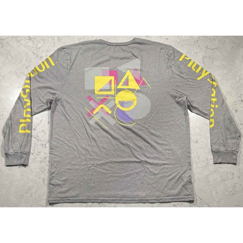 PlayStation Mens XL Gray Yellow Long Sleeve PS Logo Graphic Gaming T-Shirt